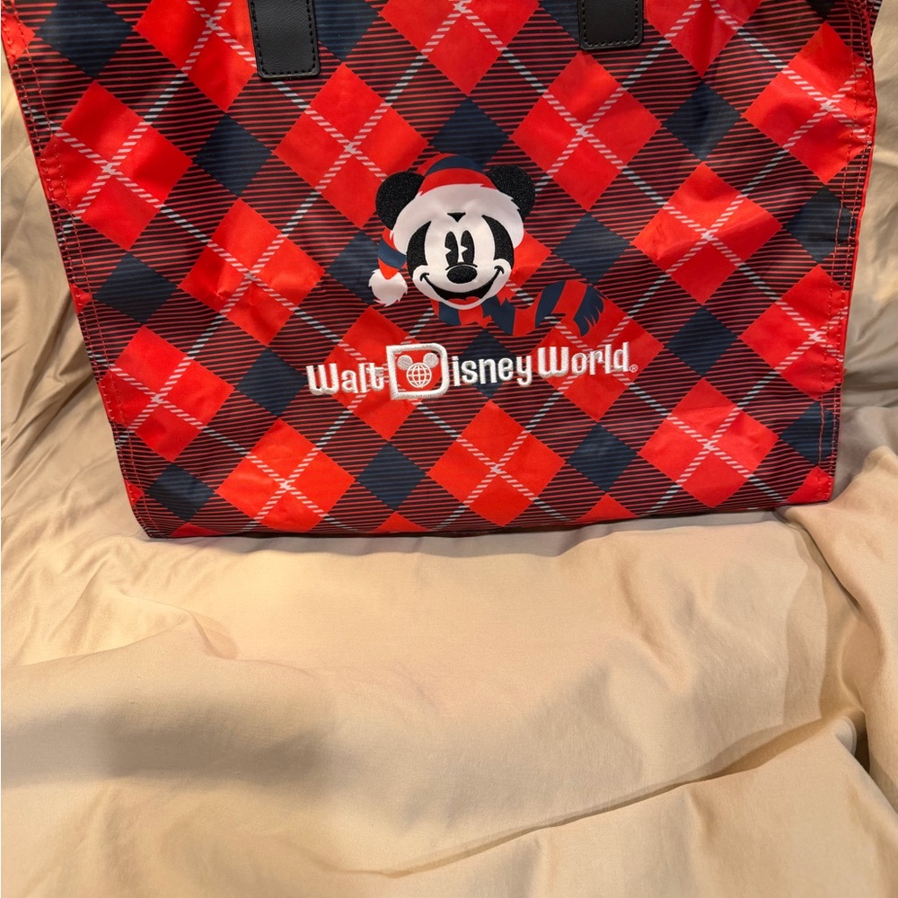 Disney Mickey Mouse Holiday Plaid Large Tote Bag Red Black Walt Disney World